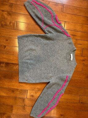 Mia Fratino Women's Gray Crewneck Sweater with Pink Trim Detail